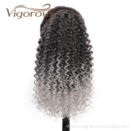 Vigorous Top Quality Cheap Supplier Kinky Curly Ombre Grey Updo Puff Hair Piece Drawstring Synthetic Ponytail Hair Extension